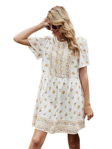 high waist short sleeve floral printed a--line dress summer women o-neck bohemia ethnic style casual loose white short dresses 210414, Black;gray